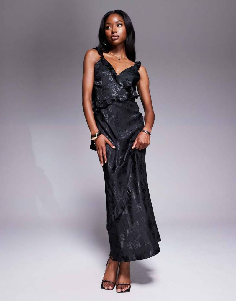 Rare London - Maxikleid aus Satin-Jacquard in Schwarz mit Rüschensaum und drapierten Details von Rare