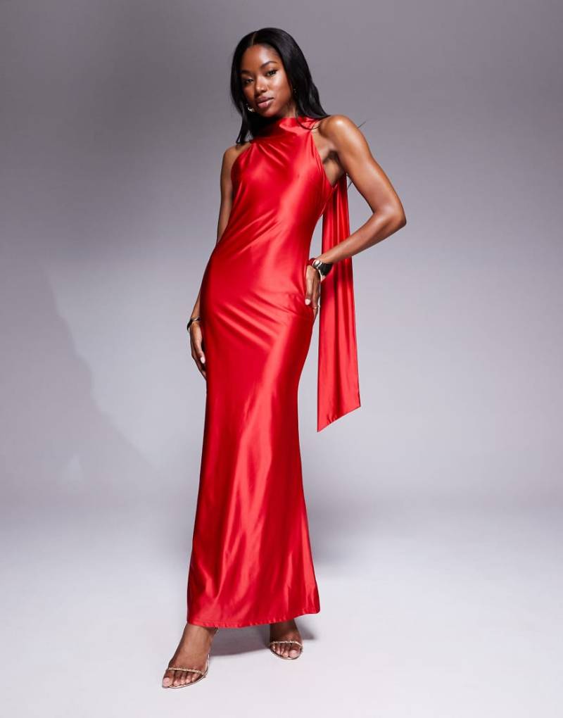 Rare London - Maxikleid aus hochglänzendem Satin in Rot mit Rückenausschnitt und Schaldetail von Rare
