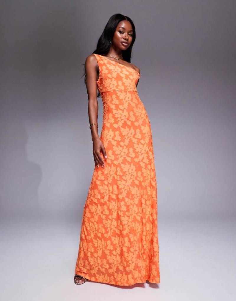 Rare London - Maxikleid in Orange mit Blumenmuster in Ausbrenneroptik und asymmetrisch drapierter Schulter von Rare