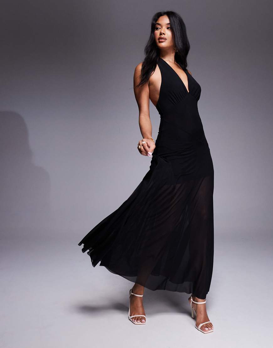 Rare London - Maxikleid in Schwarz mit Neckholder, tiefem Ausschnitt, transparentem Saum und Overlay von Rare