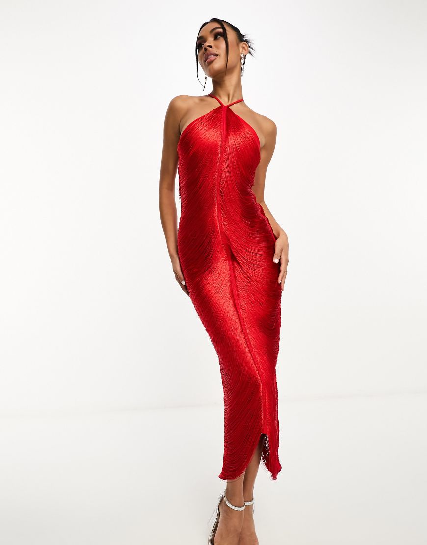 Rare London - Midikleid in Rot mit Fransendetail und Neckholder von Rare