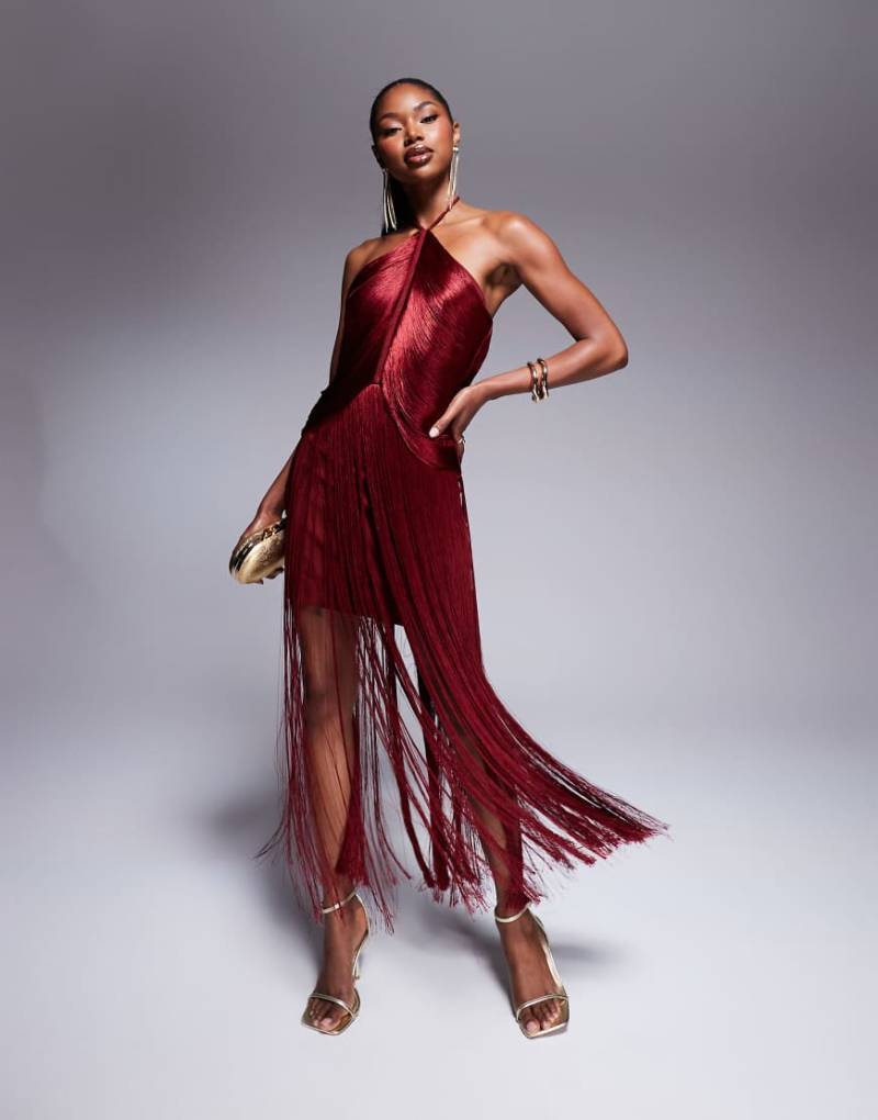 Rare London - Minikleid in Rot mit Neckholder und Fransendetail von Rare