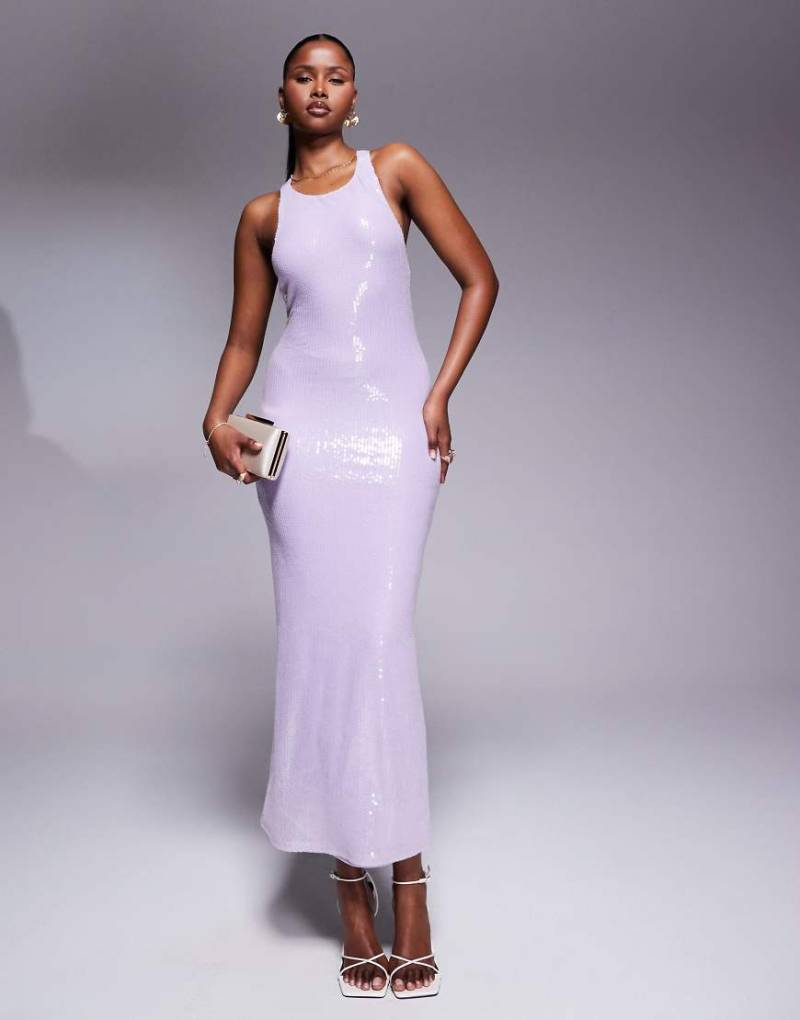 Rare London - Pailletten-Maxikleid in Flieder mit überkreuztem Ringerrücken-Lila von Rare