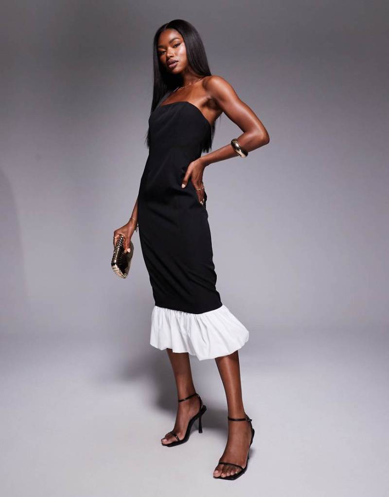 Rare London - Trägerloses Maxikleid in Schwarz mit kontrastierendem Ballonsaum von Rare