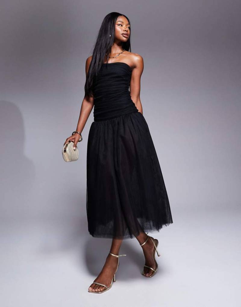 Rare London - Trägerloses Tüll-Maxikleid in Schwarz mit tiefer Taille von Rare