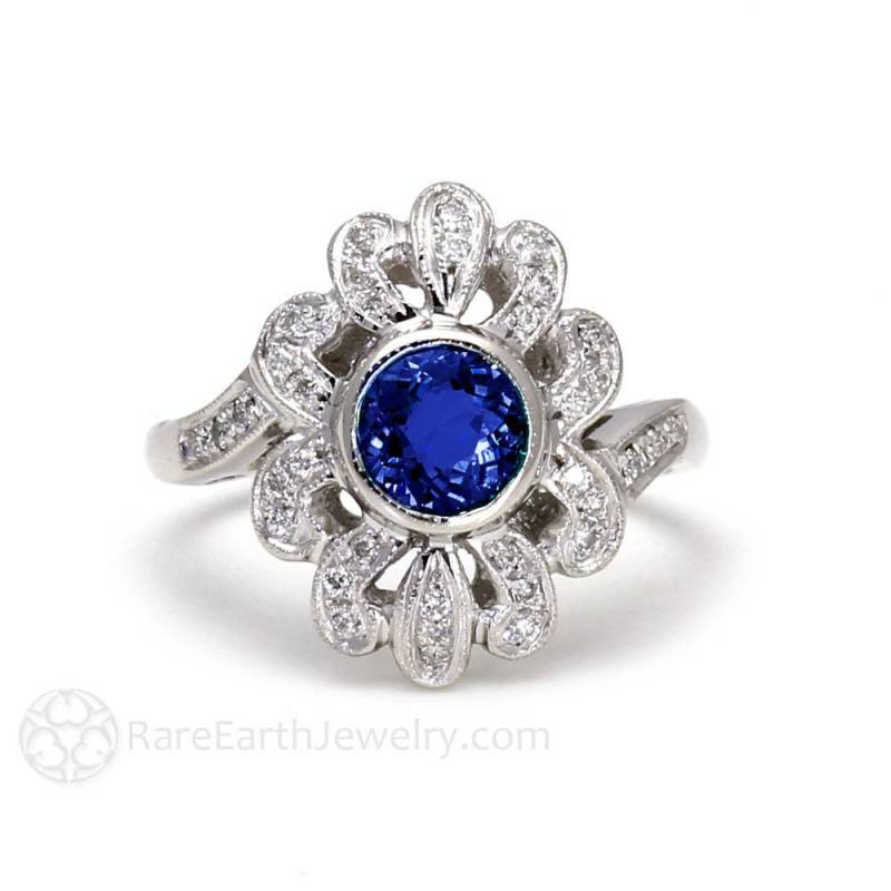 Antiker Stil Saphir Ring Art Deco Blauer Verlobungsring Und Diamant Gold Platin von RareEarth