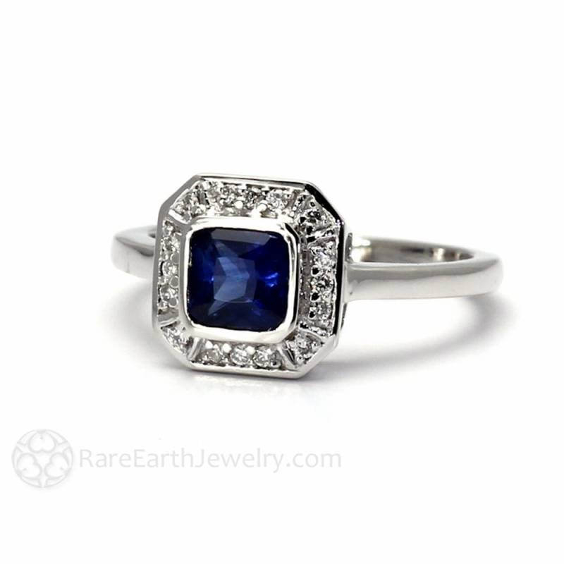 Art-Deco-Saphir-Ring Jahrgang Blauen Saphir Verlobungsring Asscher Schliff 14K Oder 18K Gold Blau Edelstein-Ring von RareEarth