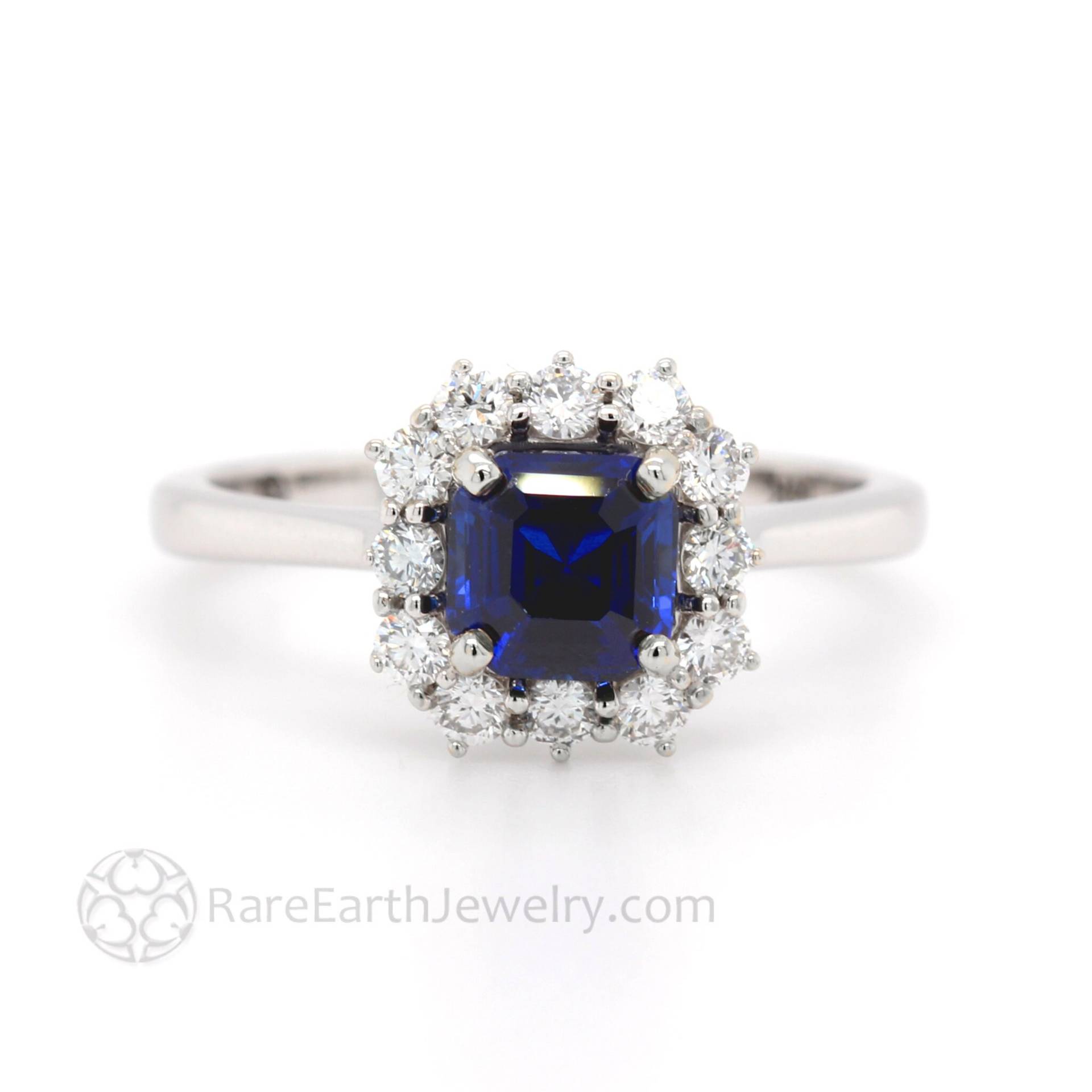 Asscher Schnitt Blauer Saphir Verlobungsring Ring Diamant Halo Cluster September Birthstone Edelstein von RareEarth