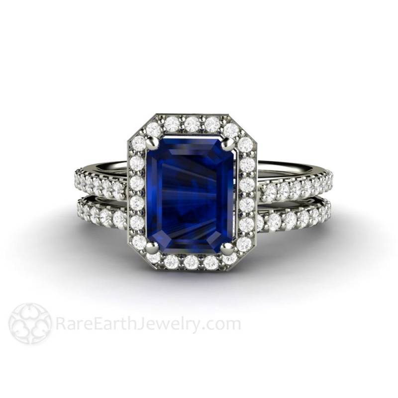 Blauer Saphir Verlobungsring Braut Set Ring Diamant Halo Lab Created Natürliche Akzente Blauer Saphir Verlobungsring Braut Set Ring Diamant Halo Lab Created Natürliche Akzente von RareEarth