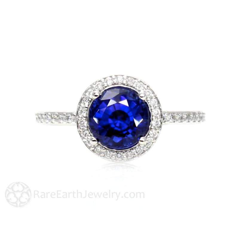 Blauer Saphir Verlobungsring Diamant Halo Rund Ring Lab Created September Geburtsstein Stein Gold Platin Blauer Saphir Verlobungsring Diamant Halo Rund Ring Lab Created September Geburtsstein Stein Gold Platin von RareEarth