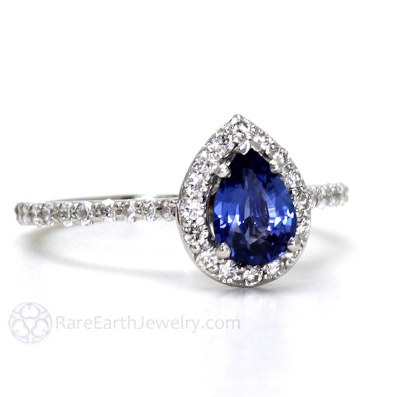 Blauer Saphir Verlobungsring Pear Cut Halo Ring Und Diamant in 14K Gold 18K Oder Platin von RareEarth