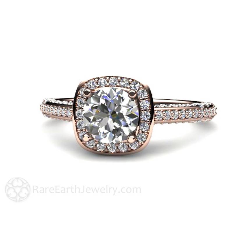 Diamant Verlobungsring Pave Diamond Halo Cathedral Setting Hidden Gia Certified Colorless Natural 14K 18K Gold Platin von RareEarth
