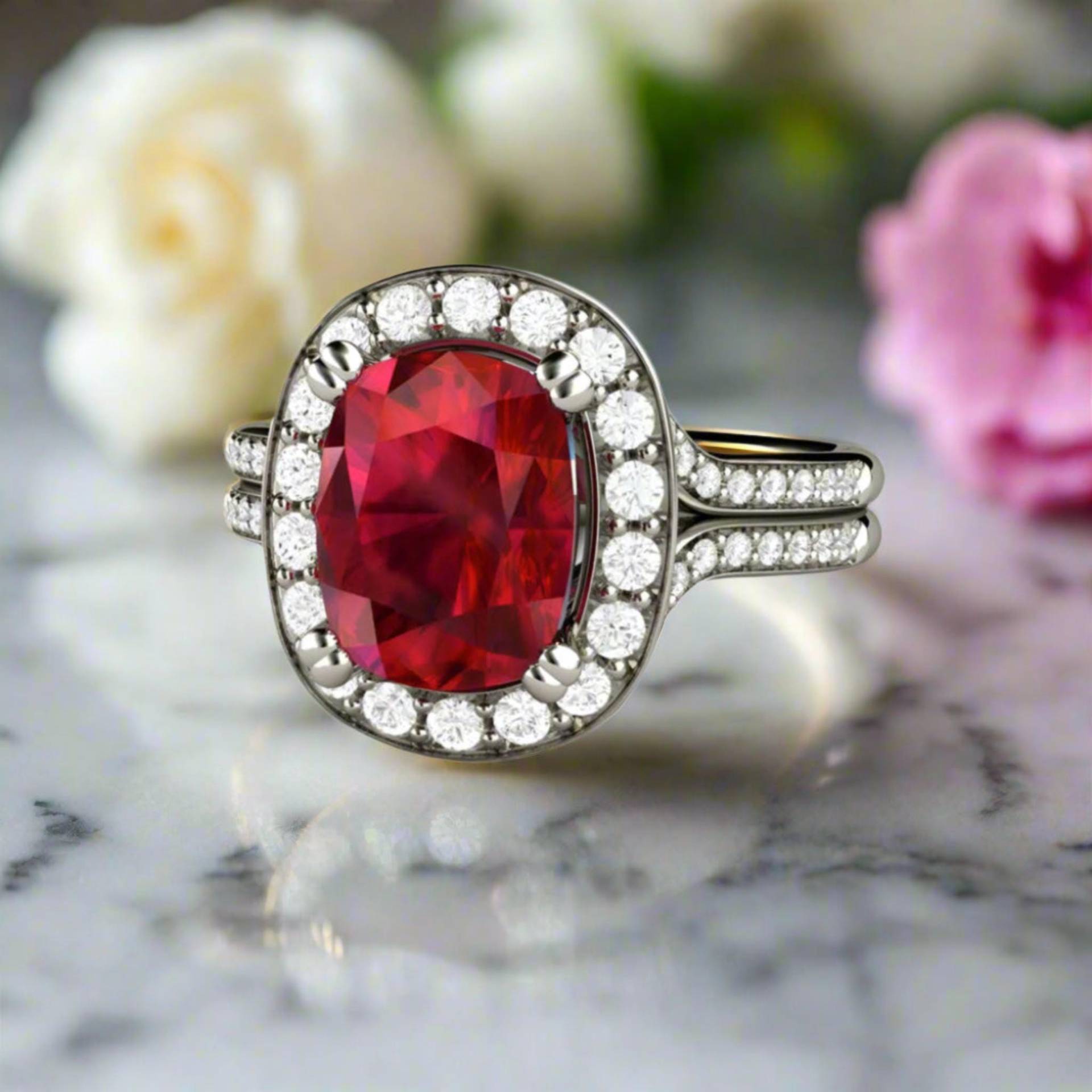 Kissenschliff Rubin Verlobungsring Mit Diamant Halo | 2.75Ct Labor Gewachsener Cocktail Ring Juli Geburtsstein Geteiltes Schaftband von RareEarth
