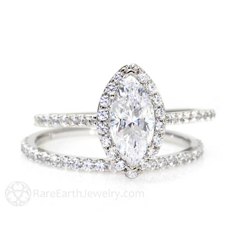 Moissanit Marquise Verlobungsring Diamant Halo Hochzeit Set Cut Forever One Ring Braut Set 14K Oder 18K Gold von RareEarth