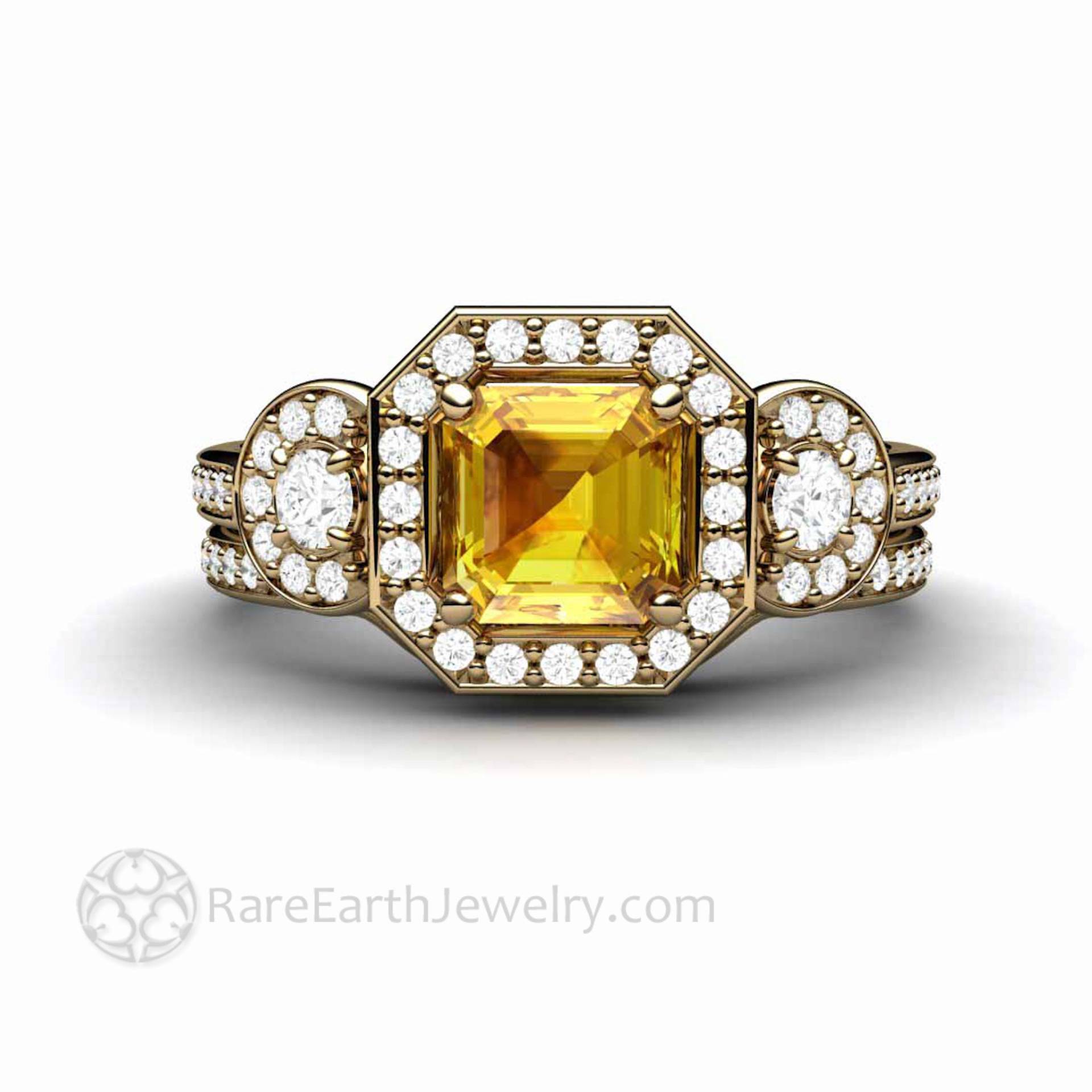 Natürlicher Gelber Saphir Verlobungsring Asscher Cut Ceylon Ring Diamant Halo Hochzeit Set Nach Maß in 14K Oder 18K Gold Platin von RareEarth