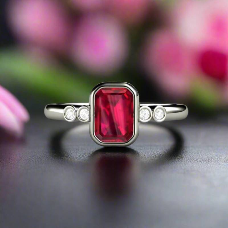 Rubin Verlobungsring, Lünette Set Ring Smaragd Mit Diamanten, Juli Birthstone 14K Oder 18K Gold Platin von RareEarth