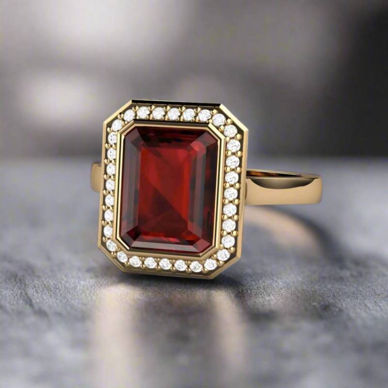 Smaragdschliff Roter Granat Ring Mosambik Verlobungsring Lünette Set Diamant Halo 14K Oder 18K Gold Januar Birthstone Edelstein von RareEarth