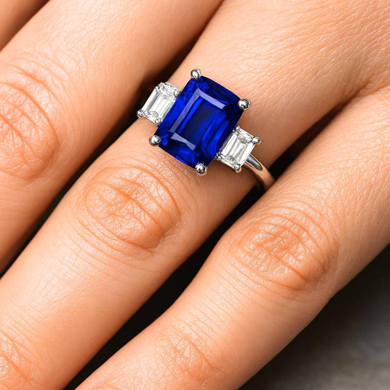 Smaragdschliff Saphir Verlobungsring | Dreistein Und Diamant Ring in Gold Oder Platin von RareEarth