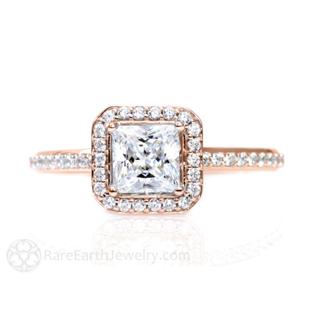 Weiß Saphir Verlobungsring Prinzessin Diamant Halo Saphir-Ring 14K Weiß Gelb Rotgold Benutzerdefinierte von RareEarth