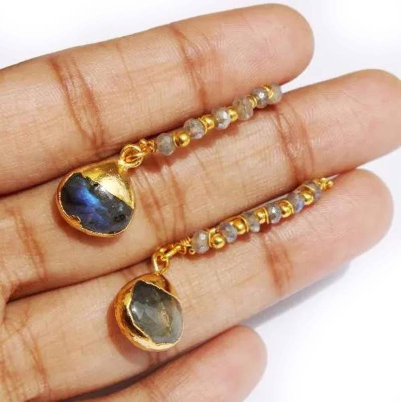 1 3/4 "Natural Labradorit Draht Eingewickelt Gold Ohrringe Galvanisiert Herz Handgemachte Edelstein Perlen Ohrring Party Wear N204 von RareGemsNJewels