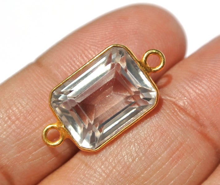 1 Paar Bezel Set Bergkristall Quarz Facettiert Rechteck Stecker | 9x18mm 22Kt Vergoldeter Stein Doppelschleifenanhänger Diy Schmuck Zubehör von RareGemsNJewels
