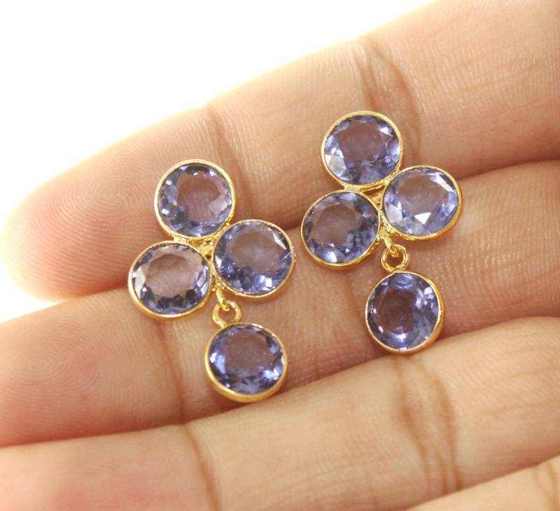 1.10" Iolith Quarz Runde Schliff Stein Ohrringe/18K Vergoldete Edelstein Vier Alltagsschmuck Bz18 von RareGemsNJewels