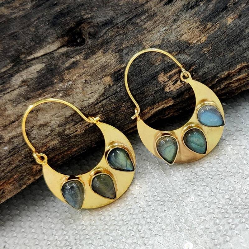 1.65 "Labradorit Halbmond Creolen/Edelstein Ohrringe 3 Stein Geschenkidee /Februar & März Geburtsstein Ohrring Ner143 von RareGemsNJewels