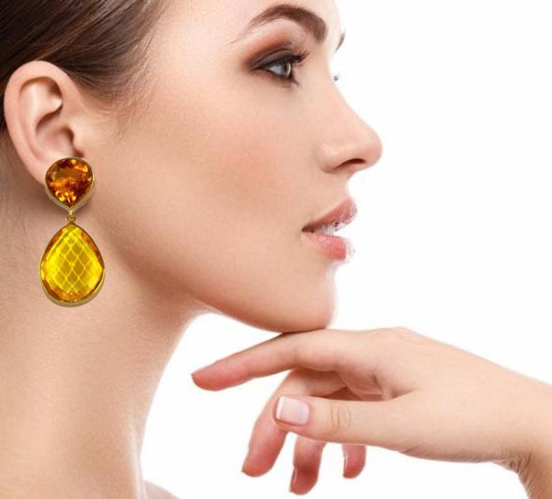 1.88 "Bezel Set Gelbquarz Ohrringe/Zwei Stein Lange Geschenkidee Braut - Hochzeitsschmuck Vergoldete Le05 von RareGemsNJewels