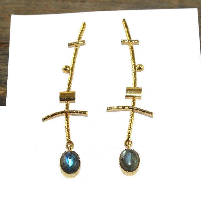 2, 95" Labradorit Edelstein Ohrringe/22Kt Vergoldet Ovale Handgemachte Februar & März Geburtsstein Geschenkidee /Re28 von RareGemsNJewels