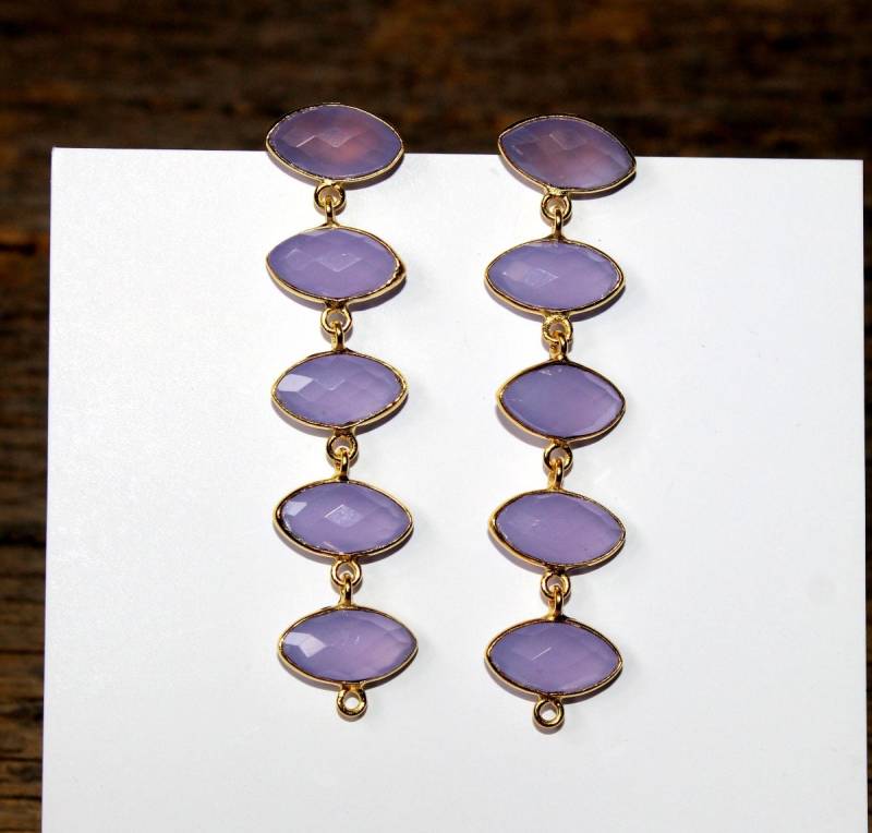 2.51" Lavendel Chalcedon Lünette Set Lange Marquise Ohrringe/22Kt Vergoldete Fünf Edelstein Geschenkidee Braut - Hochzeitsschmuck von RareGemsNJewels