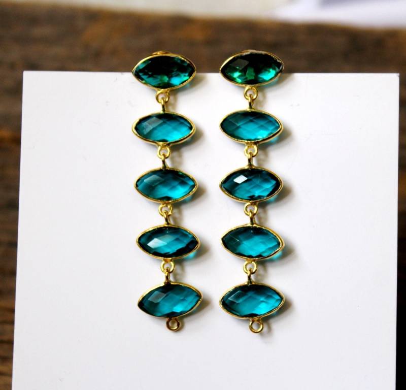 2.51 "Tintenblauer Quarz Bezel Set Lange Marquise Ohrringe/Fünf Stein Goldohrringe Geschenkidee Braut - Hochzeitsschmuck Edelsteinohrring von RareGemsNJewels