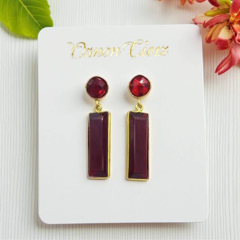 2.61 "Bezel Set Roter Granat Quarz Bar Ohrringe 22Kt Vergoldet Handgemachte Designer Hochzeit Brautjungfer Schmuck Geschenkidee Fe12 von RareGemsNJewels