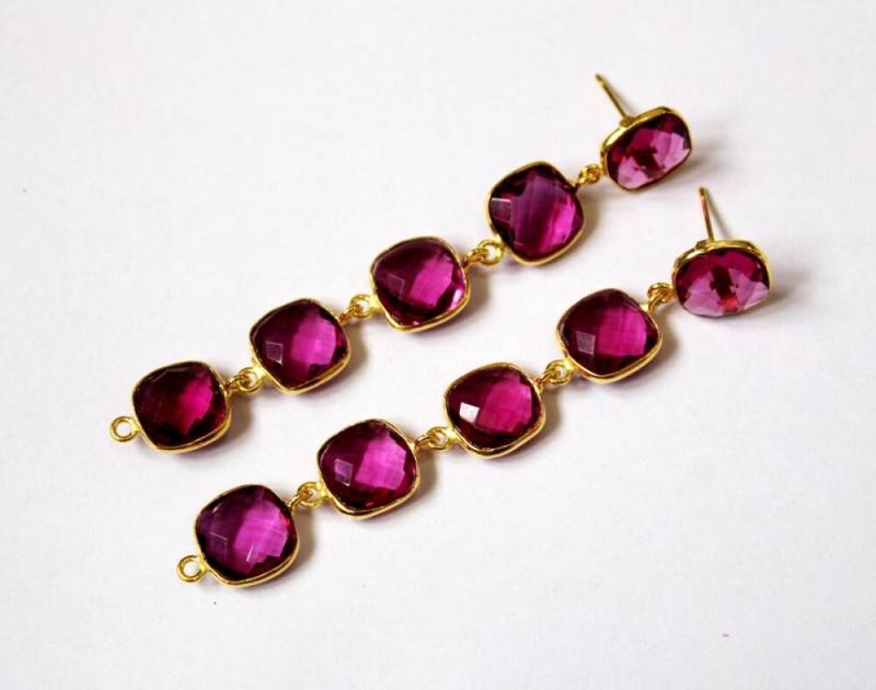 3.18" Rubellit Quarz Perlen Set Kissen Lange Ohrringe/Fünf Stein Gold Geschenkidee Braut - Hochzeitsschmuck Edelstein von RareGemsNJewels