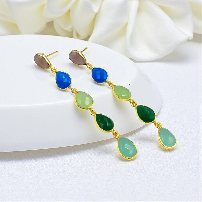3.22 "Multi Chalcedon Bezel Set Lange Ohrringe, Fünf-stein-Goldohrringe, Geschenkidee, Hochzeit - Brautschmuck, Edelstein-Goldohrringe Dce385 von RareGemsNJewels