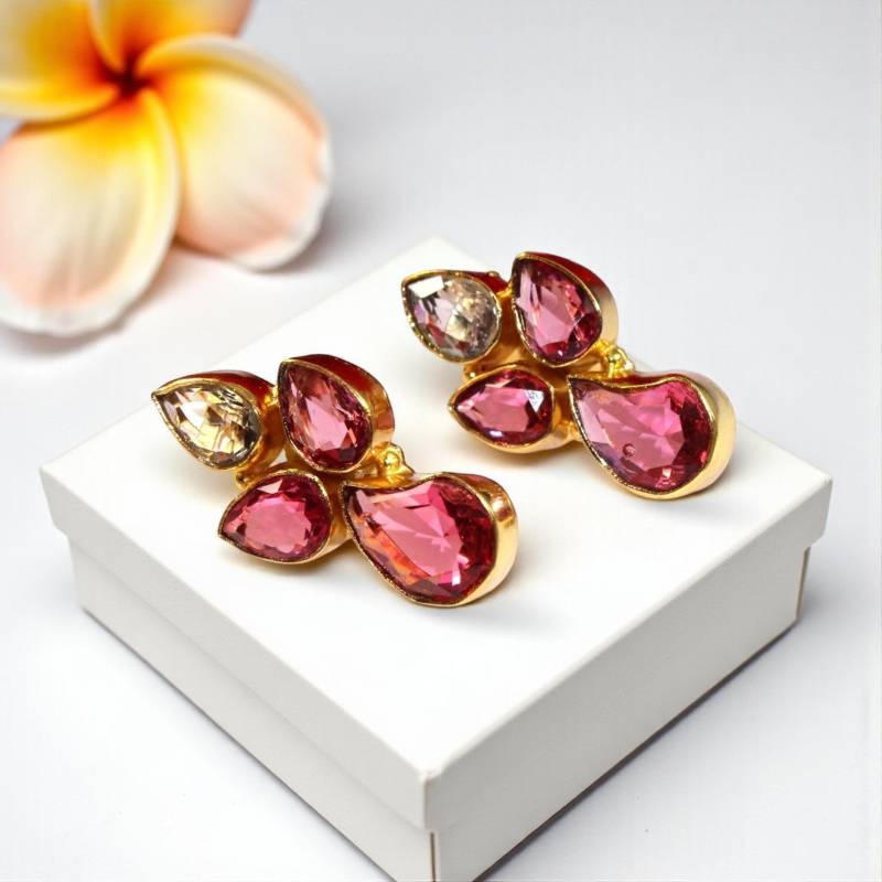 33 Mm Rubellit & Grün Amethyst Quarz Designer Ohrstecker Echt Vergoldete Birne Edelstein Handgemachter Ohrring 4 Stein Geschenkidee von RareGemsNJewels