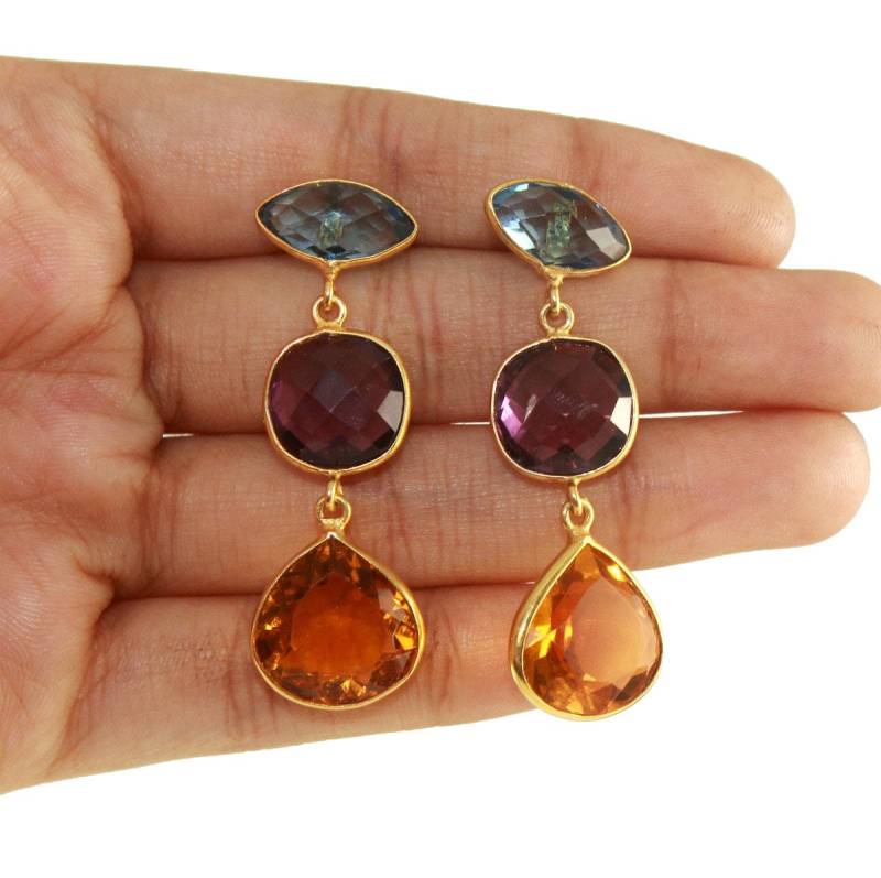 5cm Rhodolith, Gelb & London Blau Quarz Ohrringe/Bezel Set Gold Geschenkidee Brautschmuck Edelstein Le18 von RareGemsNJewels