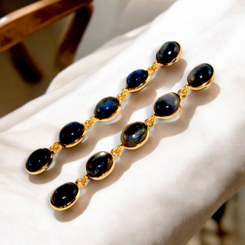 68 Mm Labradorit Lünette Set Lange Oval Ohrringe Fünf Stein Gold Braut Brautjungfer Hochzeitsschmuck Edelstein Geschenk Für Sie von RareGemsNJewels