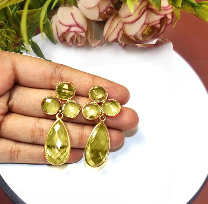 Lünette Set Zitronenquarz Birne & Runde Form Edelstein Ohrringe 1, 92 "Vergoldet Vier Stein Partykleidung Designer Geschenkidee von RareGemsNJewels