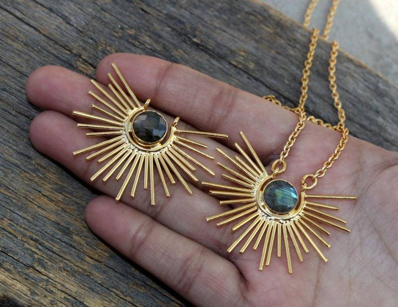 Natürlicher Labradorit Aufgehende Sonne Gold Anhänger Halskette/Edelstein Boho Stein Der Transformation Steine, Die Sie Auswählen von RareGemsNJewels