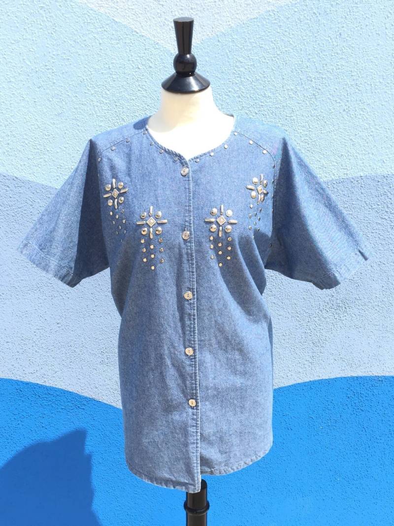 Nieten-Denim Vintage 80Er Throwback-Rocker-Shirt-Bluse von RareRevivalVintage