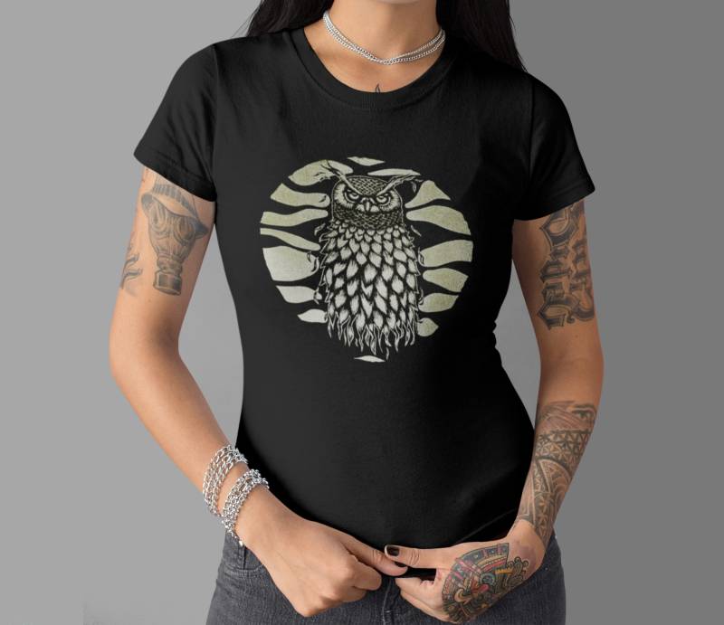 Damen T Shirt Schwarz | Eulen Bio - Baumwolle Goth Bild Nachtschwärmer Mädels Kunst von RareRitaUnart