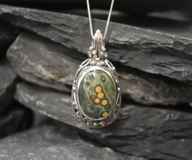 Antike Anhänger, Ocean Jaspis Groß Statement Einzigartige Edelstein Massiv Silber Anhänger von RarebyAdinaStone