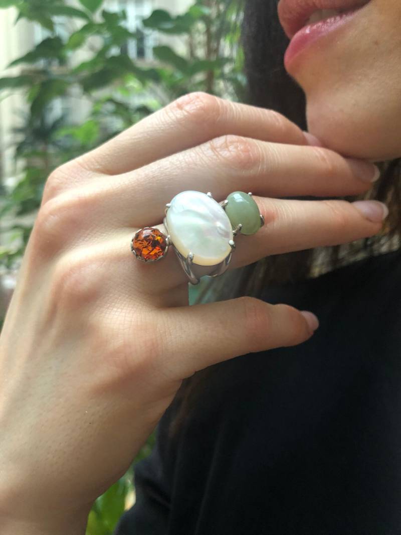 Boho Ring, Perlmutt Multistein Statement Schwerer Großer Langer Massiver Silber Nephrit, Bernstein von RarebyAdinaStone