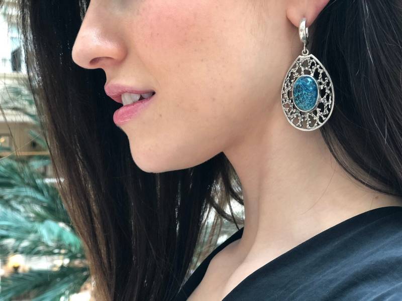 Chrysokoll Ohrringe, Natürlicher Chrysokoll, Lange Blaue Handwerker Schwere Teardrop Massiv Silber Ohrringe von RarebyAdinaStone