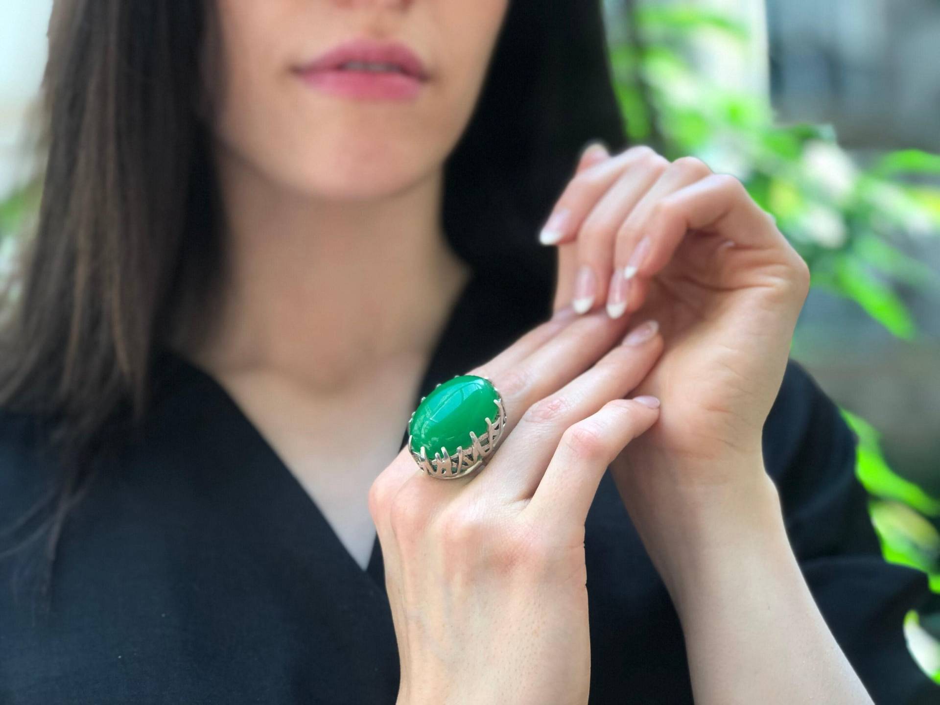 Großer Grüner Ring, Natürlicher Achat, Vintage Statement Schwerer Smith Ring Aus Silber von RarebyAdinaStone