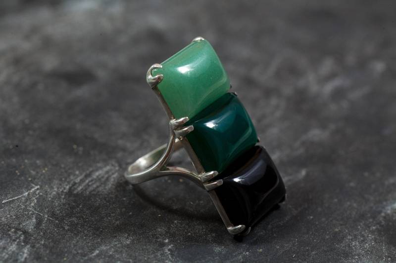 Multistein Ring, Aventurin Grüner Achat Onyx Rechteck Statement Langer 925 Silber Einzigartiger Stein Ring von RarebyAdinaStone