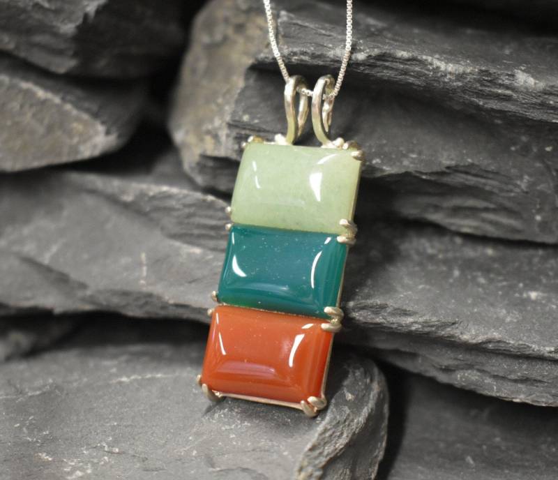 Rechteck Anhänger, Achat Aventurin Karneol 3 Stein Langer Multicolor Silber Anhänger von RarebyAdinaStone