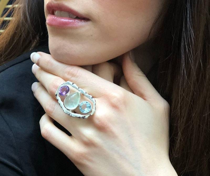 Statement Ring, Prehnit Amethyst Blautopas Langer Boho Großer Multistein Sterling Silber Ring von RarebyAdinaStone