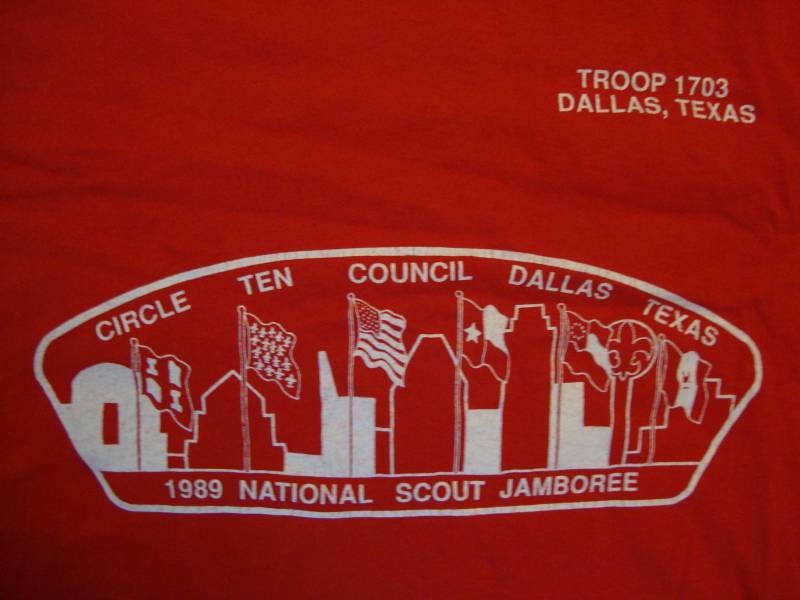 Vintage 80Er Jahre 1989 National Scout Jamboree Circle Ten Council Dallas Texas Red T Shirt Größe L von RareshirtVintage