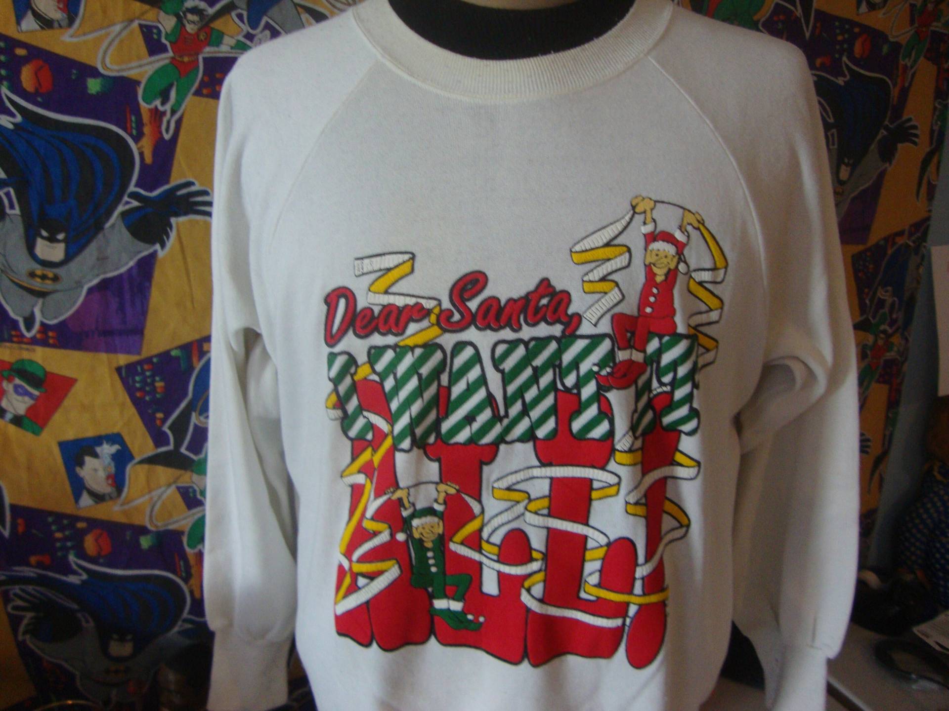 Vintage 80Er Jahre Weihnachtsmann I Want It All Christmas Santa Claus Elfe Cute Soft Thin Boyfriend Crewneck Sweatshirt Gr. M von RareshirtVintage